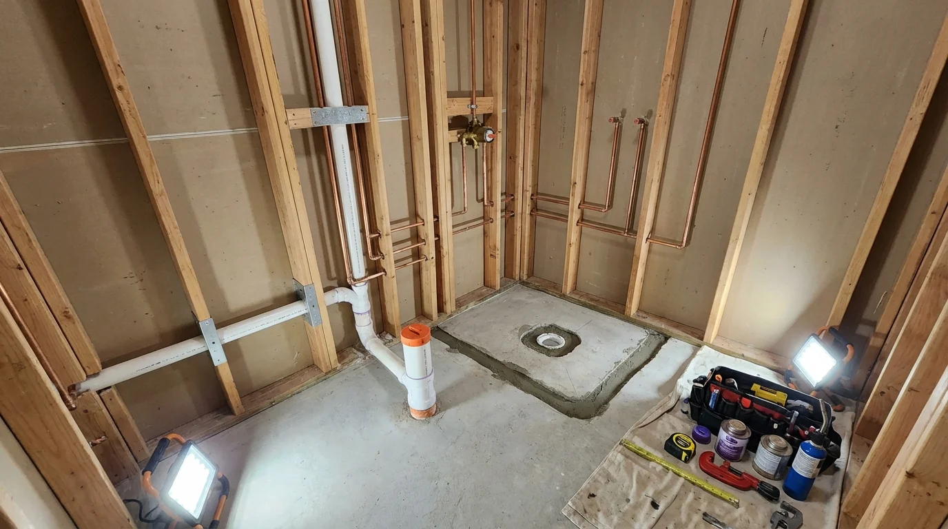 Bathroom rough-in plumbing during remodel by Johns Plumbing LLC in Erath