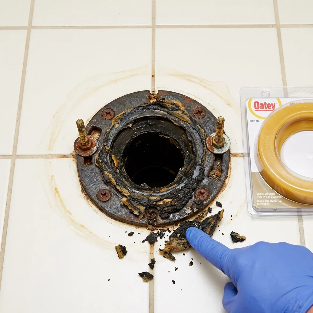 Failed wax ring showing water seepage at the base of a toilet in a Erath, LA home